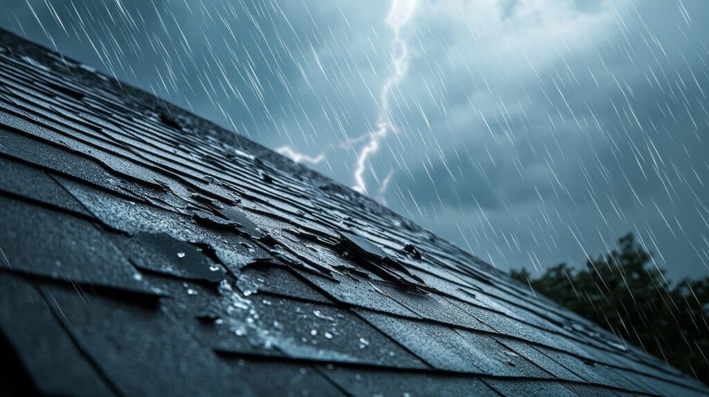 Roof with damaged shingles during heavy rain and lightning storm, illustrating severe weather conditions and structural vulnerability.in baton rouge