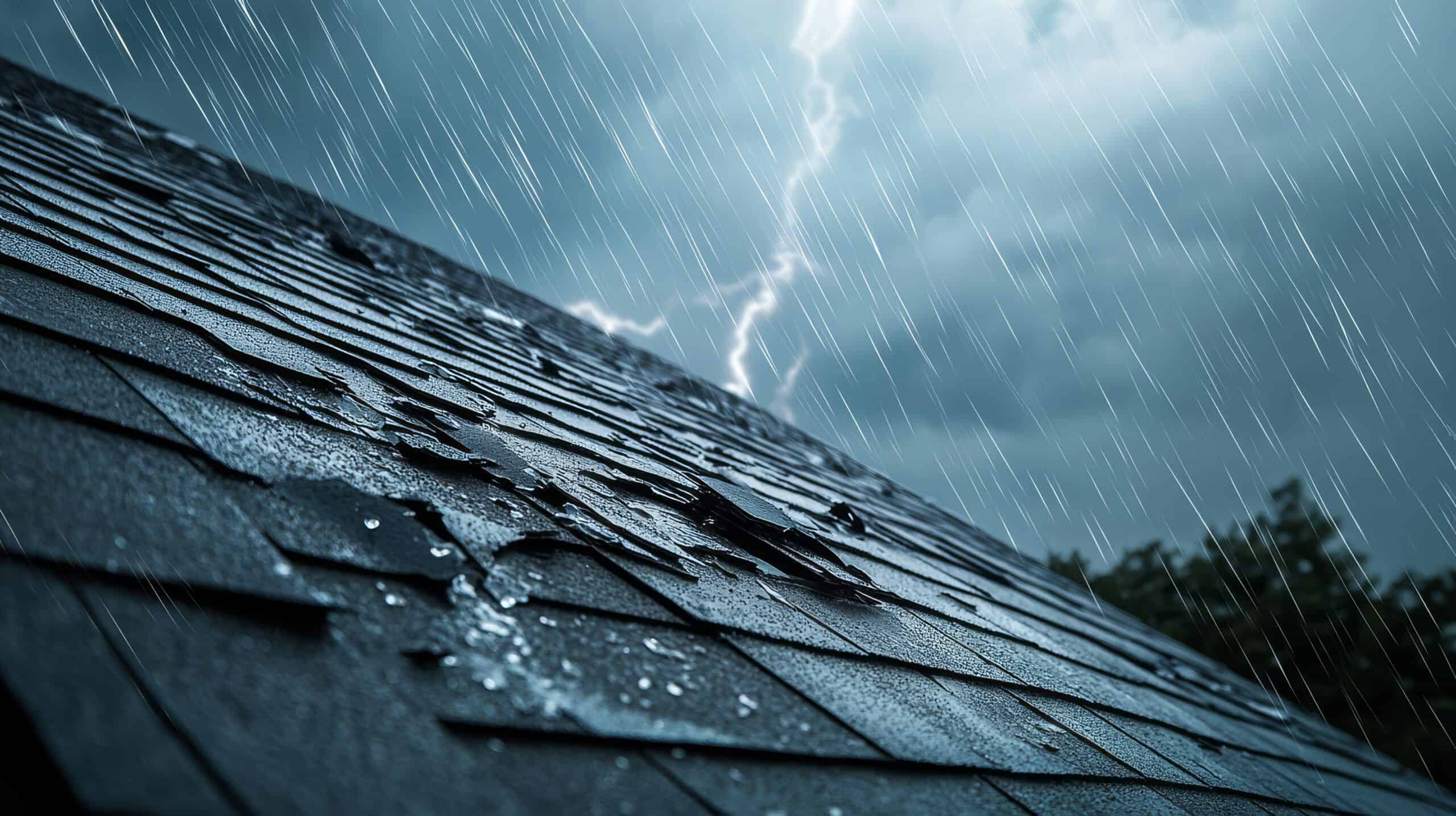Roof with damaged shingles during heavy rain and lightning storm, illustrating severe weather conditions and structural vulnerability.in baton rouge